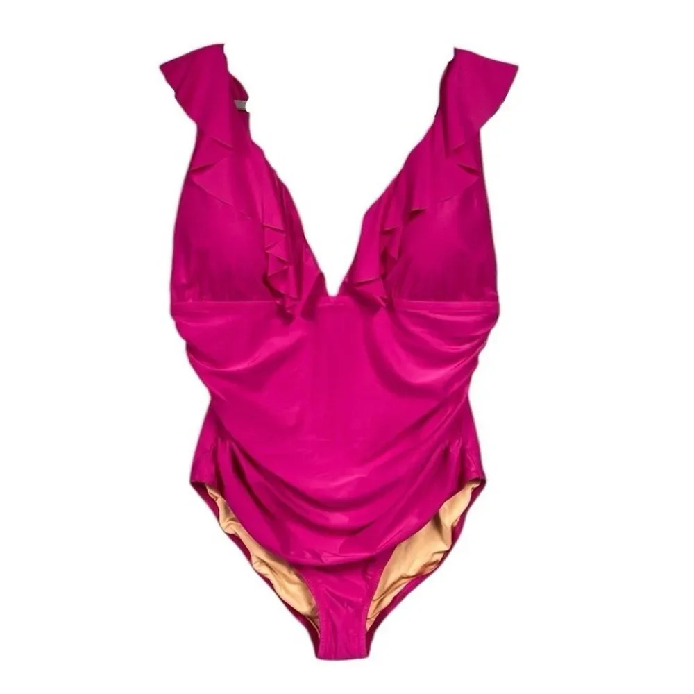 NEW J. Crew Ruched Ruffle One Piece Swimsuit Deep V Neck Size 20 Radiant Fuchsia